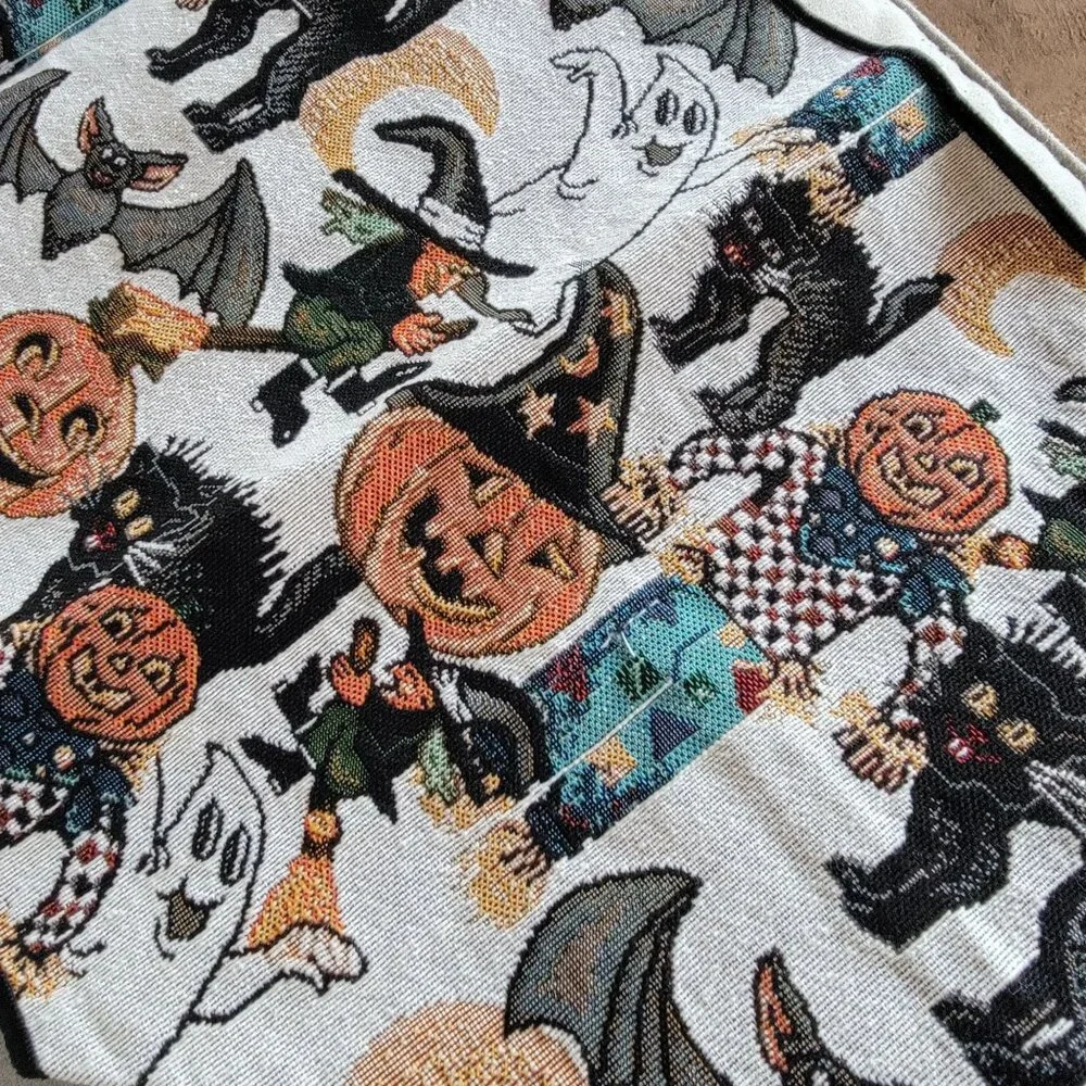 Vtg Halloween-Themed Tapestry Table Runner With Black Tassel Ends - Picture 3 of 11